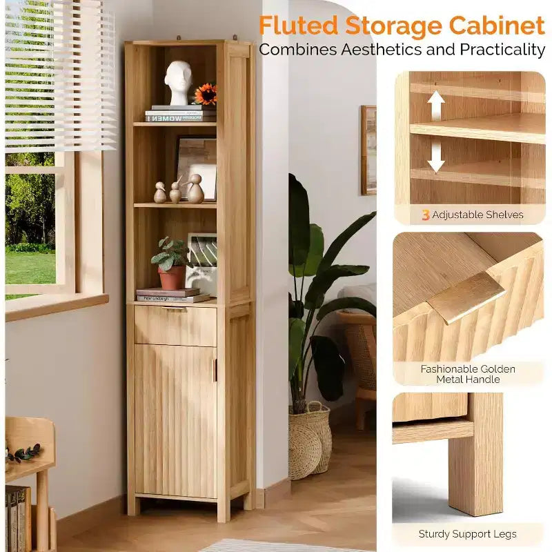 VINGLI Narrow Fluted Bathroom Floor Skinny Storage Cabinet with 1 Fluted Door&Drawer,68 Tall Narrow Slim Bathroom Cabinet Natural Oak Color