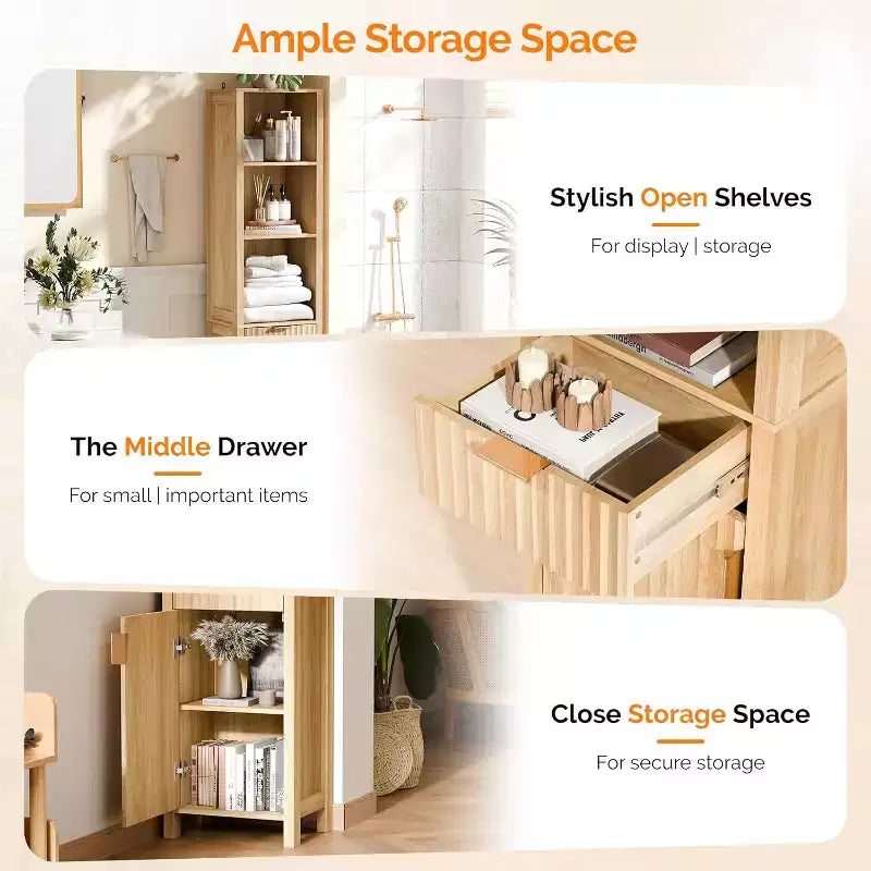 VINGLI Narrow Fluted Bathroom Floor Skinny Storage Cabinet with 1 Fluted Door&Drawer,68 Tall Narrow Slim Bathroom Cabinet Natural Oak Color
