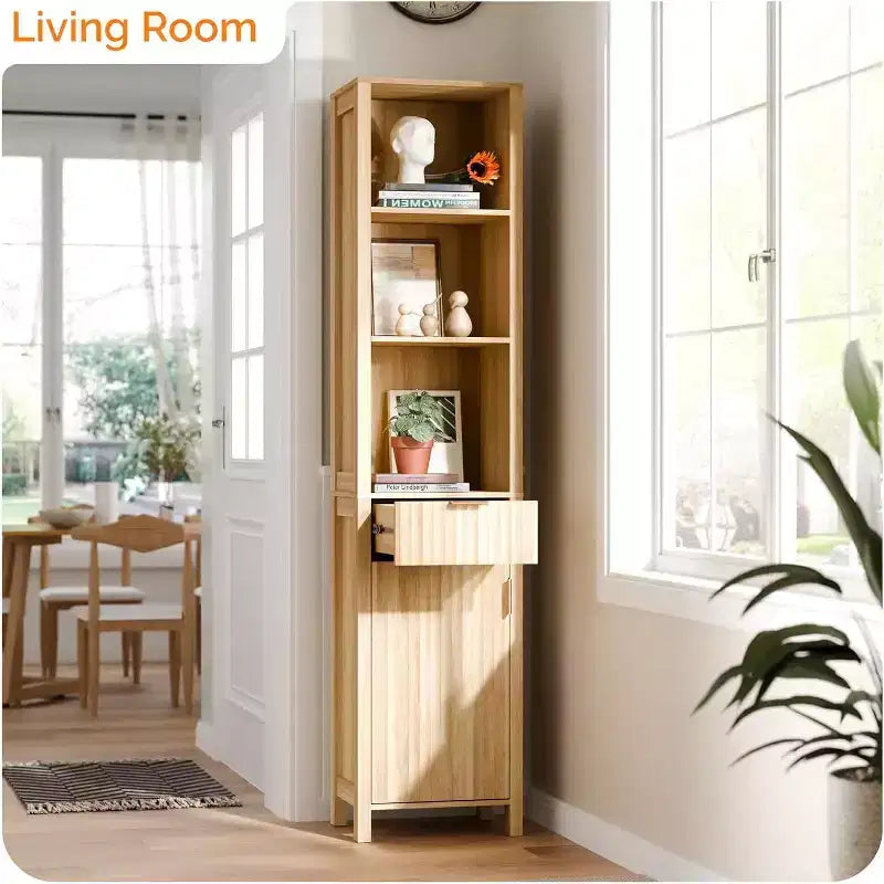 VINGLI Narrow Fluted Bathroom Floor Skinny Storage Cabinet with 1 Fluted Door&Drawer,68 Tall Narrow Slim Bathroom Cabinet Natural Oak Color