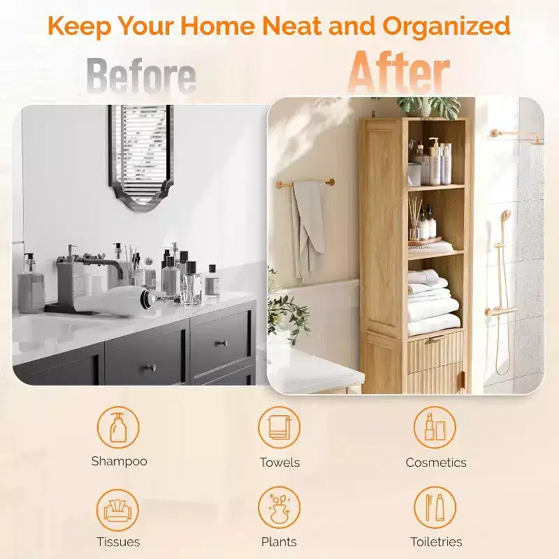 VINGLI Narrow Fluted Bathroom Floor Skinny Storage Cabinet with 1 Fluted Door&Drawer,68 Tall Narrow Slim Bathroom Cabinet Natural Oak Color