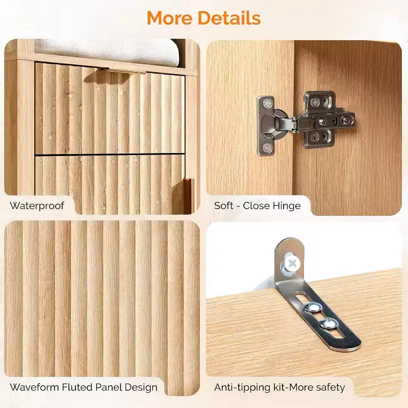 VINGLI Narrow Fluted Bathroom Floor Skinny Storage Cabinet with 1 Fluted Door&Drawer,68 Tall Narrow Slim Bathroom Cabinet Natural Oak Color
