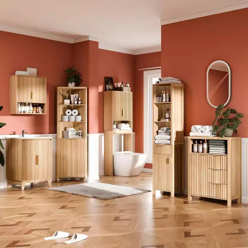 VINGLI Narrow Fluted Bathroom Floor Skinny Storage Cabinet with 1 Fluted Door&Drawer,68 Tall Narrow Slim Bathroom Cabinet Natural Oak Color