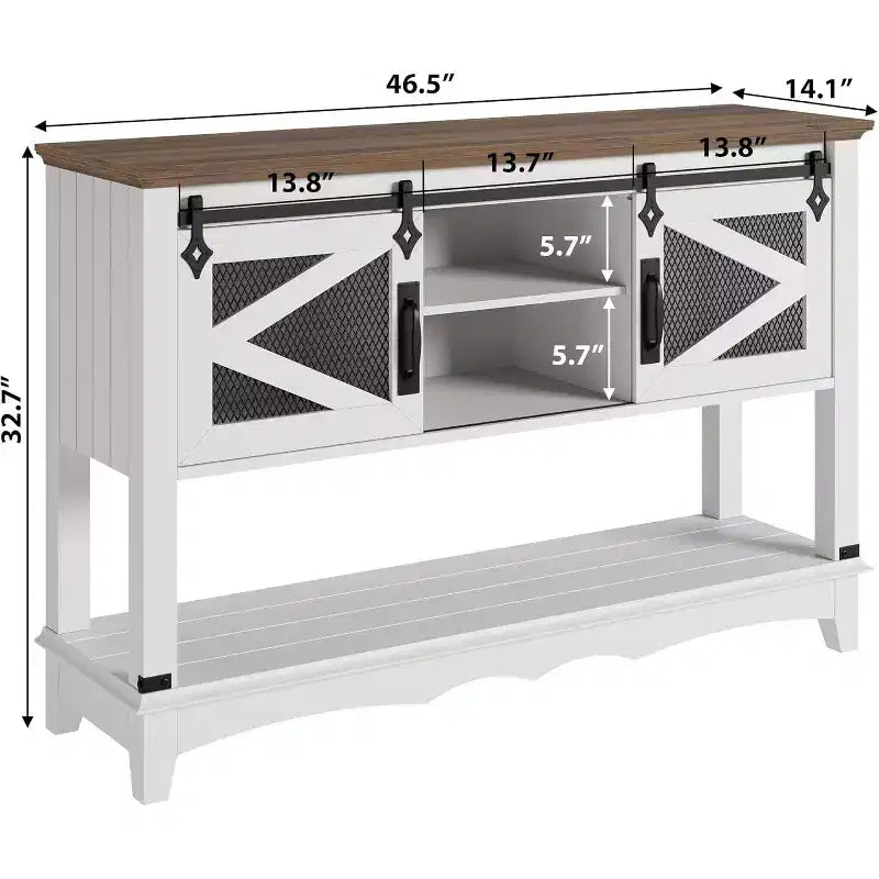 Farmhouse Entryway Table with Storage, White Console Table with Sliding Barn Doors, Wooden Sofa Table with Cabinet for Entryway & Living Room