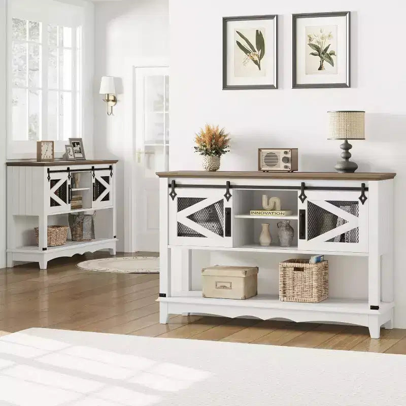 Farmhouse Entryway Table with Storage, White Console Table with Sliding Barn Doors, Wooden Sofa Table with Cabinet for Entryway & Living Room