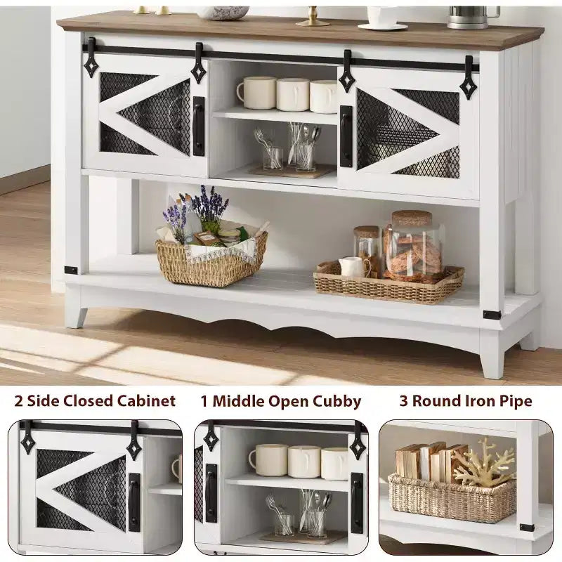 Farmhouse Entryway Table with Storage, White Console Table with Sliding Barn Doors, Wooden Sofa Table with Cabinet for Entryway & Living Room