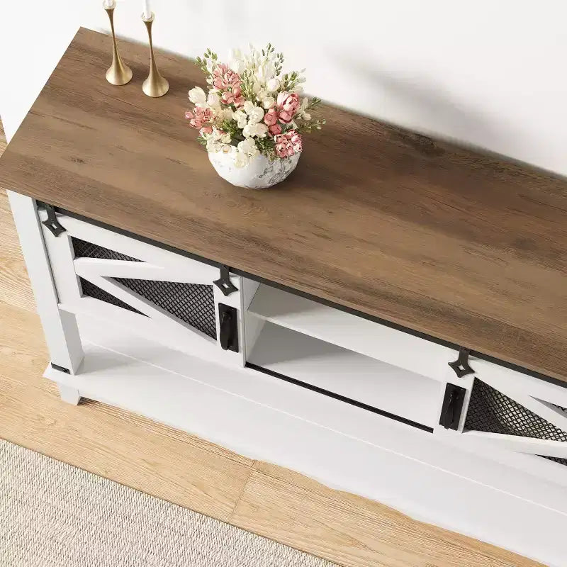 Farmhouse Entryway Table with Storage, White Console Table with Sliding Barn Doors, Wooden Sofa Table with Cabinet for Entryway & Living Room