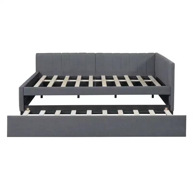 Lit de repos capitonné pleine taille avec lit gigogne, cadre de canapé-lit sans sommier tapissier en tissu de lin (beige)