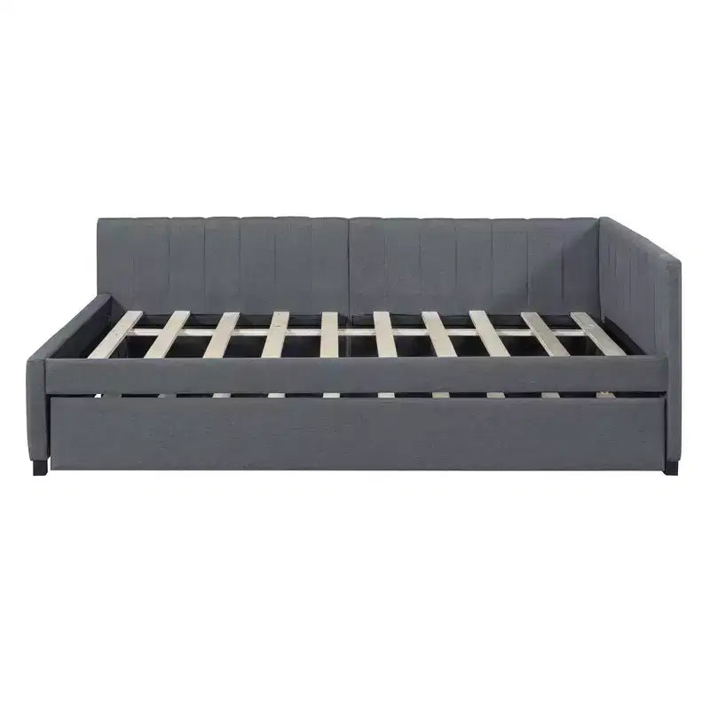 Lit de repos capitonné pleine taille avec lit gigogne, cadre de canapé-lit sans sommier tapissier en tissu de lin (beige)