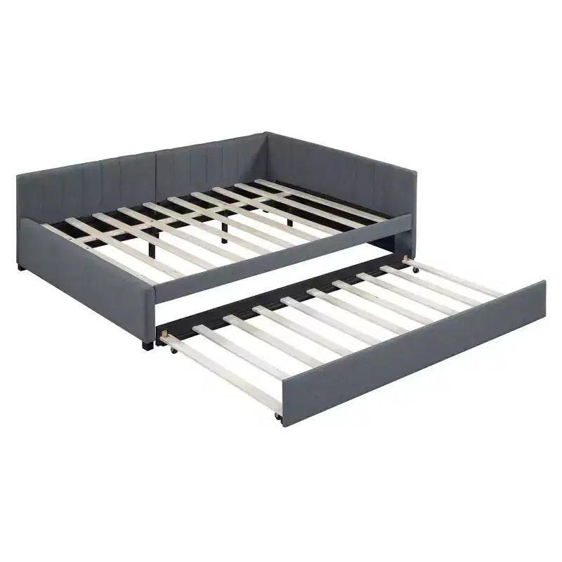 Lit de repos capitonné pleine taille avec lit gigogne, cadre de canapé-lit sans sommier tapissier en tissu de lin (beige)