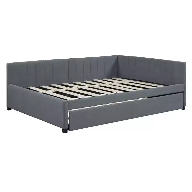 Lit de repos capitonné pleine taille avec lit gigogne, cadre de canapé-lit sans sommier tapissier en tissu de lin (beige)