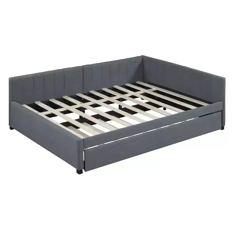 Lit de repos capitonné pleine taille avec lit gigogne, cadre de canapé-lit sans sommier tapissier en tissu de lin (beige)