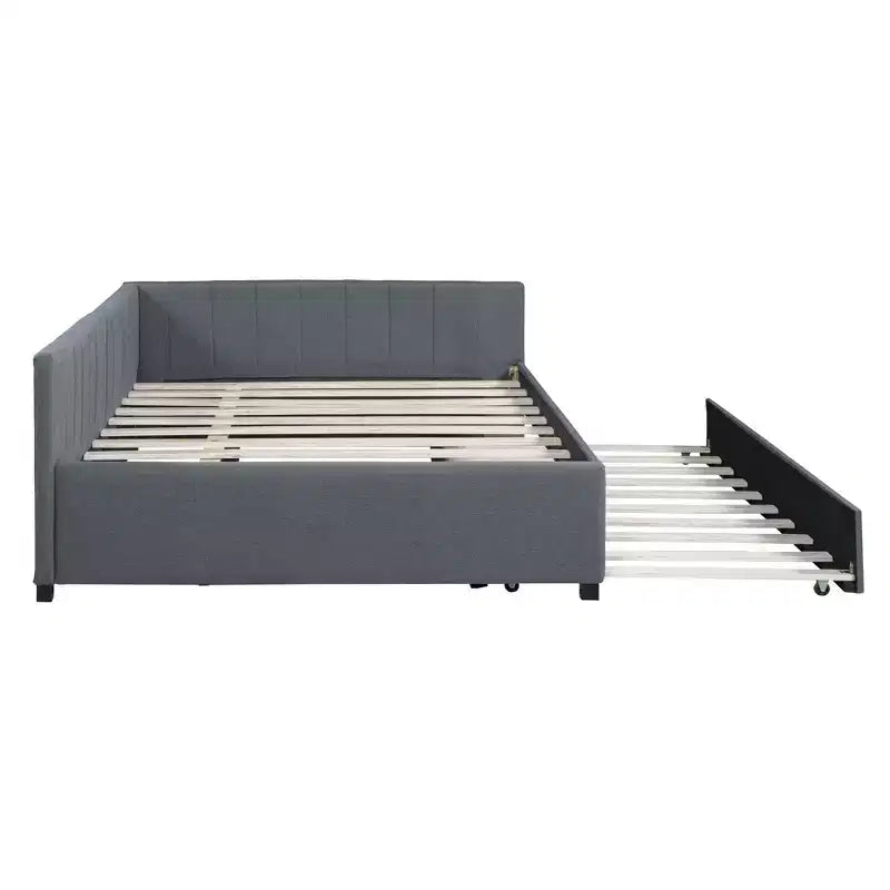 Lit de repos capitonné pleine taille avec lit gigogne, cadre de canapé-lit sans sommier tapissier en tissu de lin (beige)