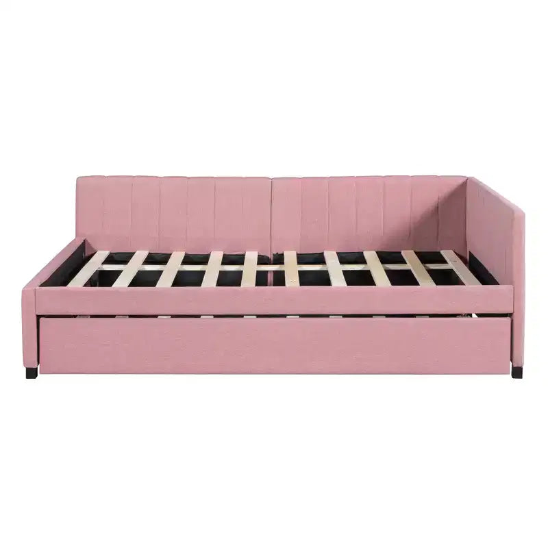 Lit de repos capitonné pleine taille avec lit gigogne, cadre de canapé-lit sans sommier tapissier en tissu de lin (beige)