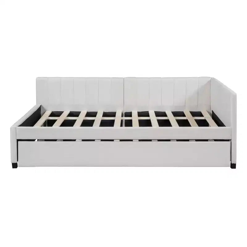 Lit de repos capitonné pleine taille avec lit gigogne, cadre de canapé-lit sans sommier tapissier en tissu de lin (beige)