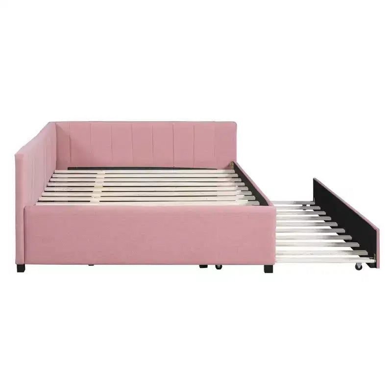 Lit de repos capitonné pleine taille avec lit gigogne, cadre de canapé-lit sans sommier tapissier en tissu de lin (beige)