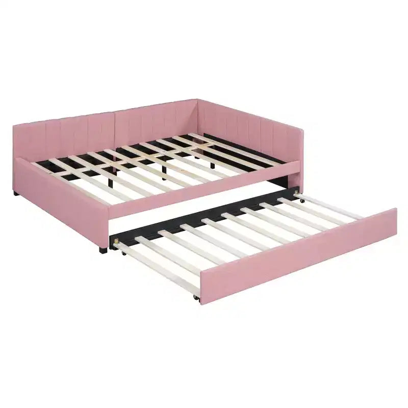 Lit de repos capitonné pleine taille avec lit gigogne, cadre de canapé-lit sans sommier tapissier en tissu de lin (beige)
