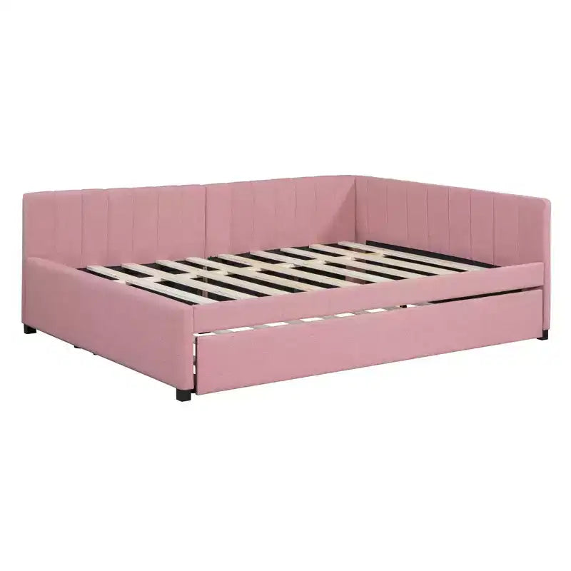 Lit de repos capitonné pleine taille avec lit gigogne, cadre de canapé-lit sans sommier tapissier en tissu de lin (beige)