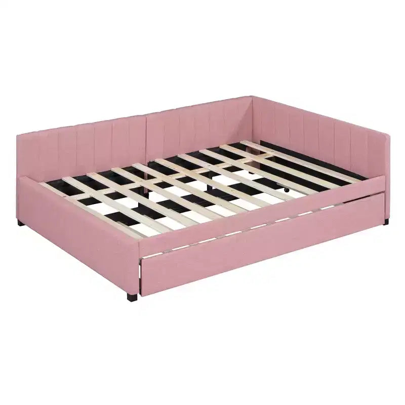 Lit de repos capitonné pleine taille avec lit gigogne, cadre de canapé-lit sans sommier tapissier en tissu de lin (beige)