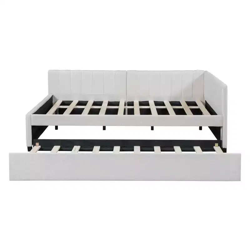 Lit de repos capitonné pleine taille avec lit gigogne, cadre de canapé-lit sans sommier tapissier en tissu de lin (beige)