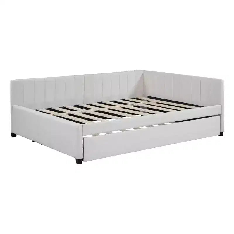 Lit de repos capitonné pleine taille avec lit gigogne, cadre de canapé-lit sans sommier tapissier en tissu de lin (beige)