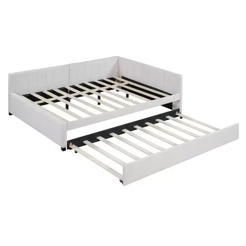 Lit de repos capitonné pleine taille avec lit gigogne, cadre de canapé-lit sans sommier tapissier en tissu de lin (beige)