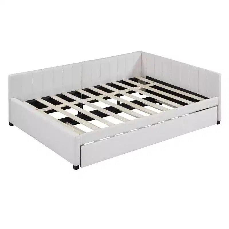 Lit de repos capitonné pleine taille avec lit gigogne, cadre de canapé-lit sans sommier tapissier en tissu de lin (beige)