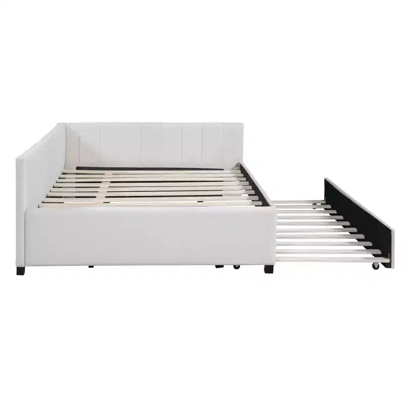 Lit de repos capitonné pleine taille avec lit gigogne, cadre de canapé-lit sans sommier tapissier en tissu de lin (beige)