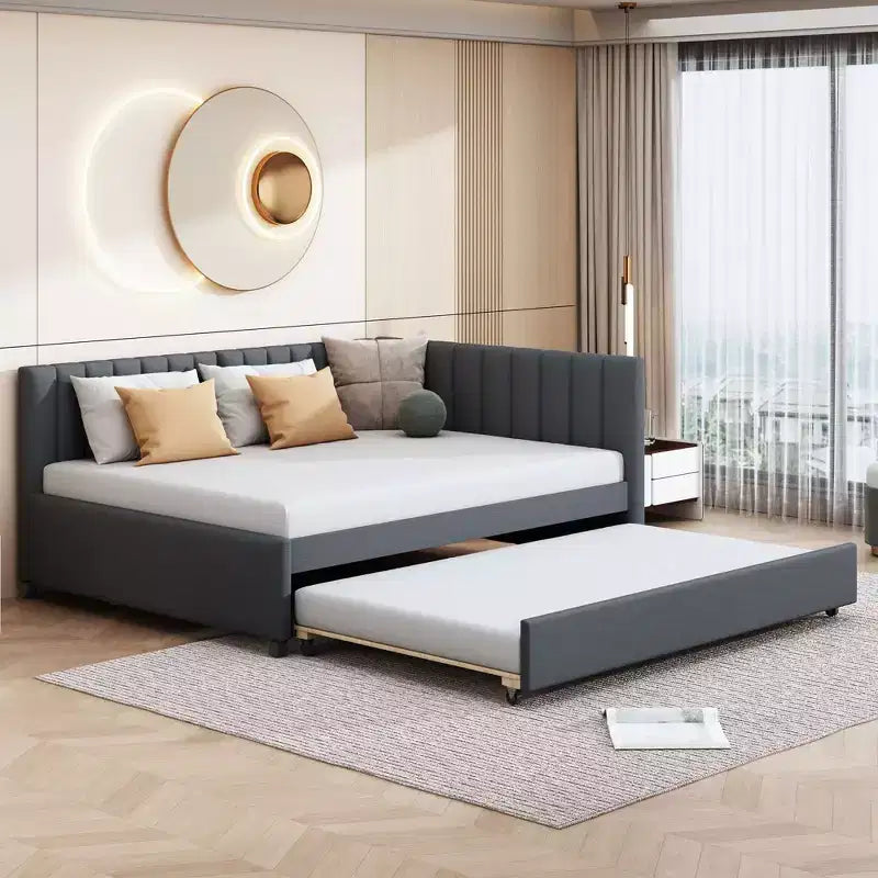 Full Size Upholstered Daybed with Trundle Sofa Bed Frame No Box Spring Needed Linen Fabric(Beige)
