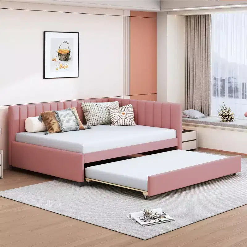 Full Size Upholstered Daybed with Trundle Sofa Bed Frame No Box Spring Needed Linen Fabric(Beige)
