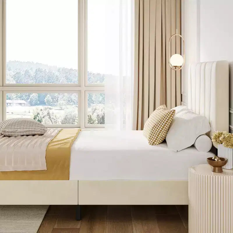 Twin Size Bed Frame with Adjustable Headboard, Velvet Upholstered Tufted Twin Platform Bedframe with Strong Wooden Slats, No Box Spring Needed
