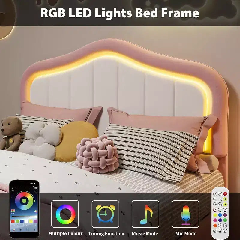 Cadre de lit double rembourré avec tiroir de rangement et tête de lit intelligente à LED, support à lattes en bois, pas besoin de sommier tapissier, montage facile