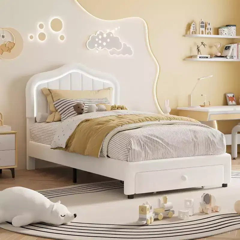 Cadre de lit double rembourré avec tiroir de rangement et tête de lit intelligente à LED, support à lattes en bois, pas besoin de sommier tapissier, montage facile