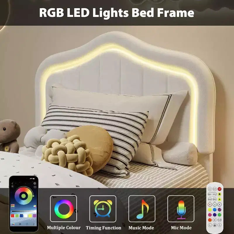 Cadre de lit double rembourré avec tiroir de rangement et tête de lit intelligente à LED, support à lattes en bois, pas besoin de sommier tapissier, montage facile