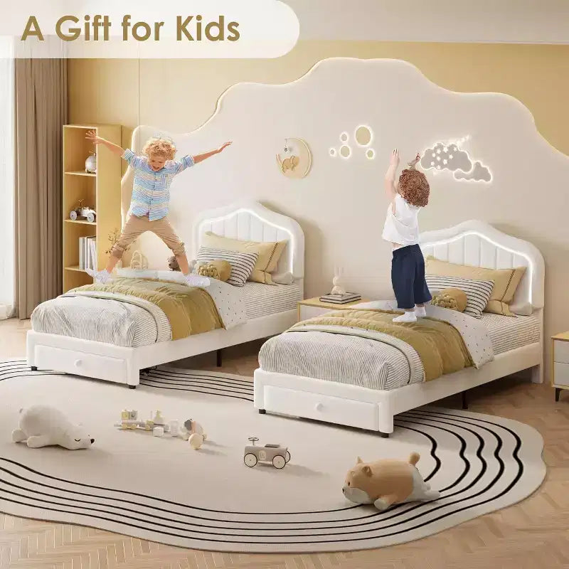 Cadre de lit double rembourré avec tiroir de rangement et tête de lit intelligente à LED, support à lattes en bois, pas besoin de sommier tapissier, montage facile