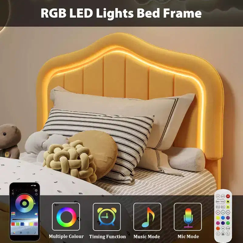 Cadre de lit double rembourré avec tiroir de rangement et tête de lit intelligente à LED, support à lattes en bois, pas besoin de sommier tapissier, montage facile