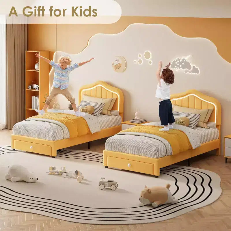 Cadre de lit double rembourré avec tiroir de rangement et tête de lit intelligente à LED, support à lattes en bois, pas besoin de sommier tapissier, montage facile