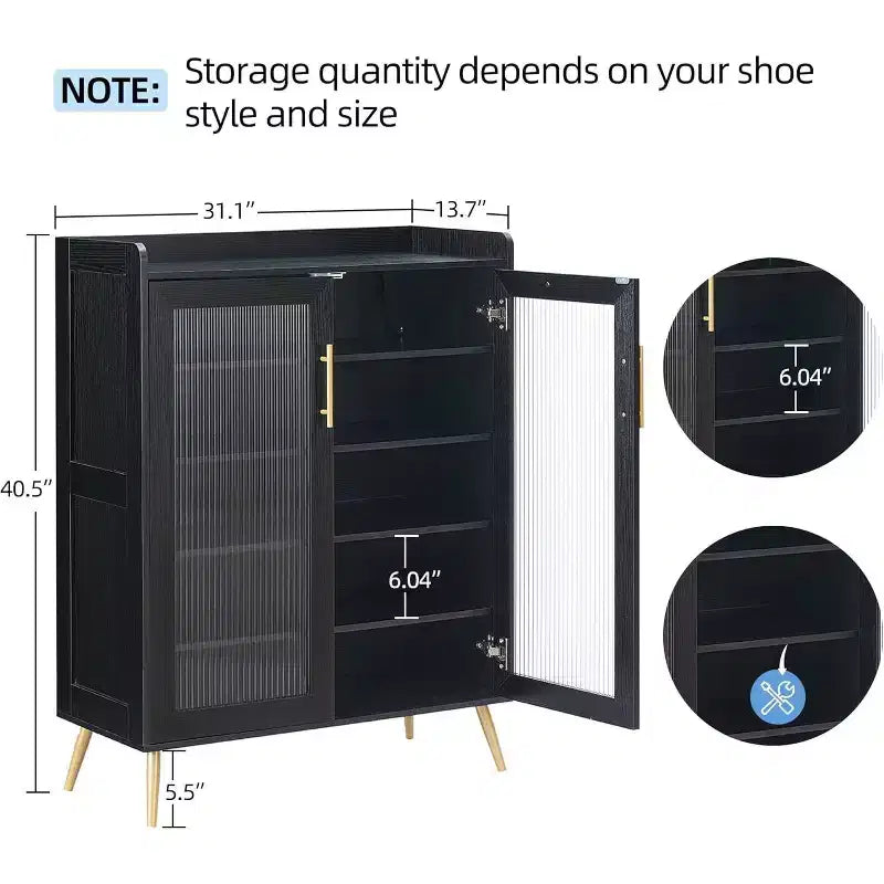 Acekool 5-Tier Shoe Cabinet with Glass Doors, Adjustable Shelves, Entryway Shoe Organizer, Space-Saving Storage for Home, Black