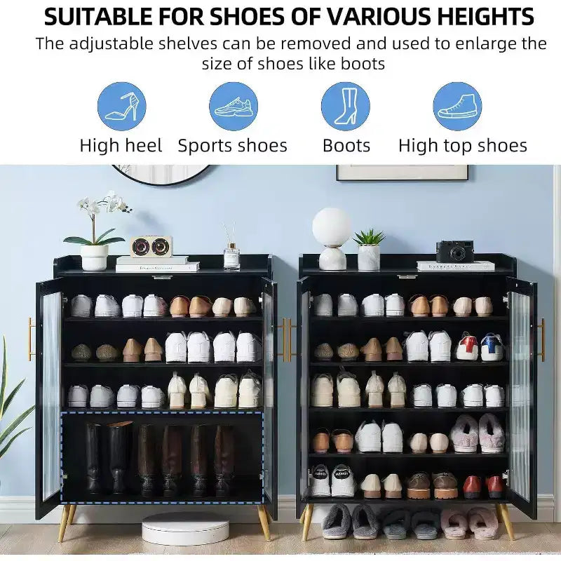 Acekool 5-Tier Shoe Cabinet with Glass Doors, Adjustable Shelves, Entryway Shoe Organizer, Space-Saving Storage for Home, Black