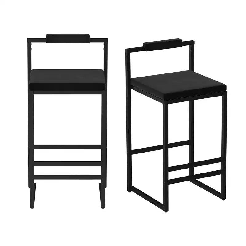 Set di 2 Moderni Sgabelli da Bar in Velluto Altezza Bancone con Poggiapiedi, Nero