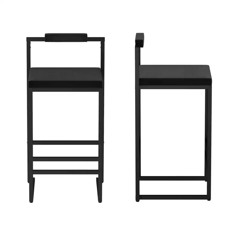 Set di 2 Moderni Sgabelli da Bar in Velluto Altezza Bancone con Poggiapiedi, Nero