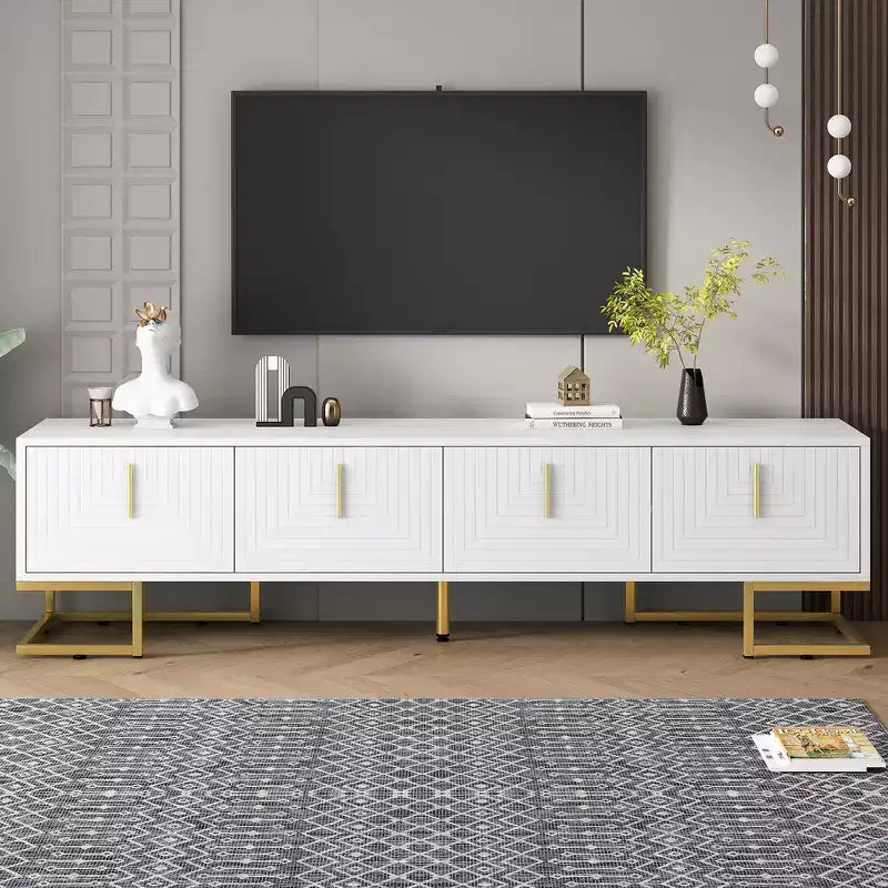 Meuble TV moderne Whisen avec pieds en métal et poignées dorées, console avec armoires et étagères réglables, convient aux téléviseurs jusqu'à 80 pouces