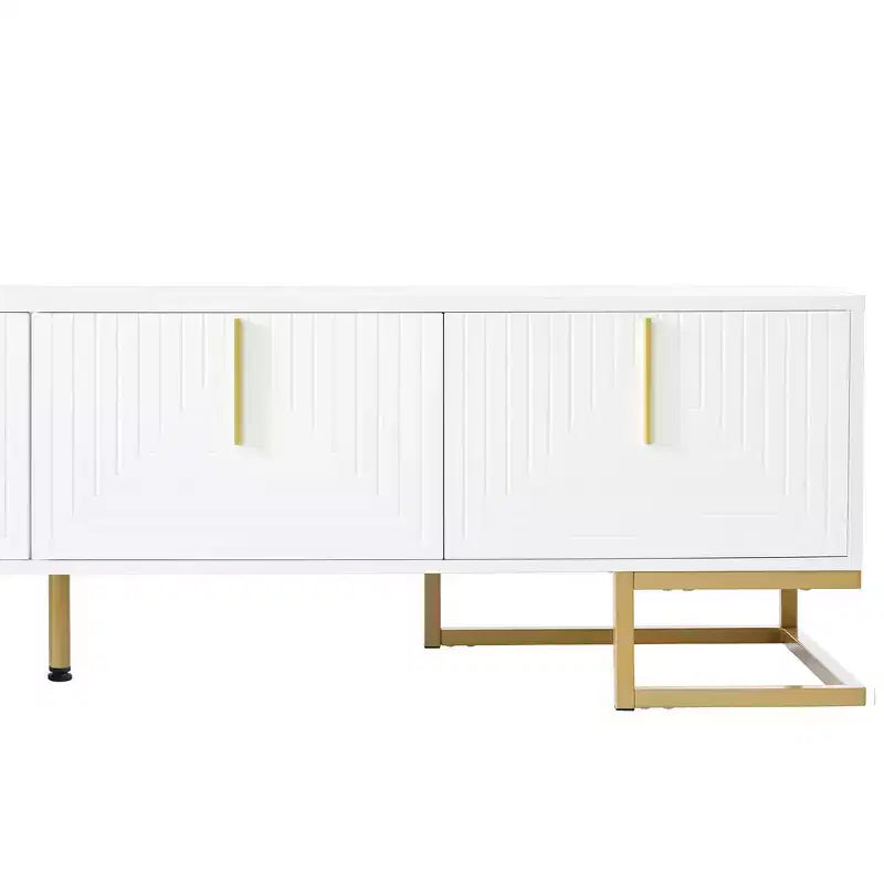 Meuble TV moderne Whisen avec pieds en métal et poignées dorées, console avec armoires et étagères réglables, convient aux téléviseurs jusqu'à 80 pouces