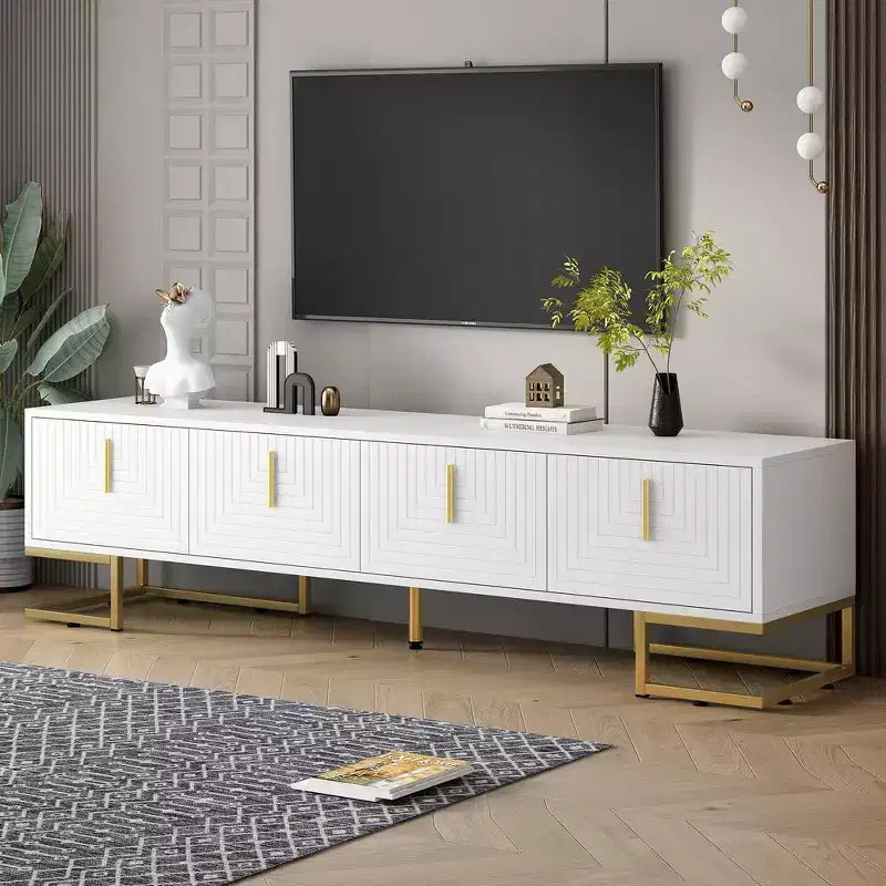 Meuble TV moderne Whisen avec pieds en métal et poignées dorées, console avec armoires et étagères réglables, convient aux téléviseurs jusqu'à 80 pouces