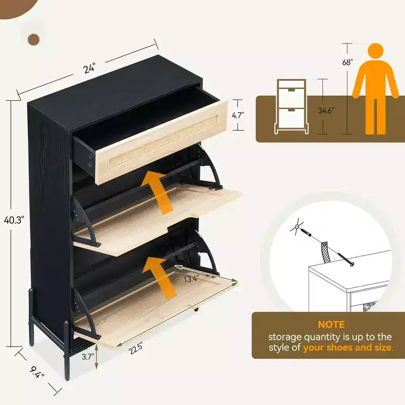 Mobile scarpiera a ribalta con frontale in rattan e gambe in metallo