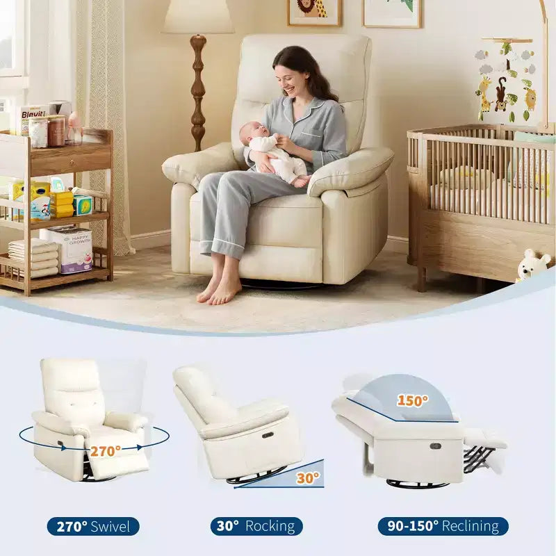 Poltrona reclinabile elettrica con funzioni girevole, planata e dondolo, in pelle PU, porte USB, colore beige