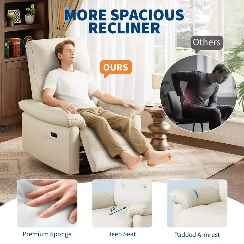 Poltrona reclinabile elettrica con funzioni girevole, planata e dondolo, in pelle PU, porte USB, colore beige