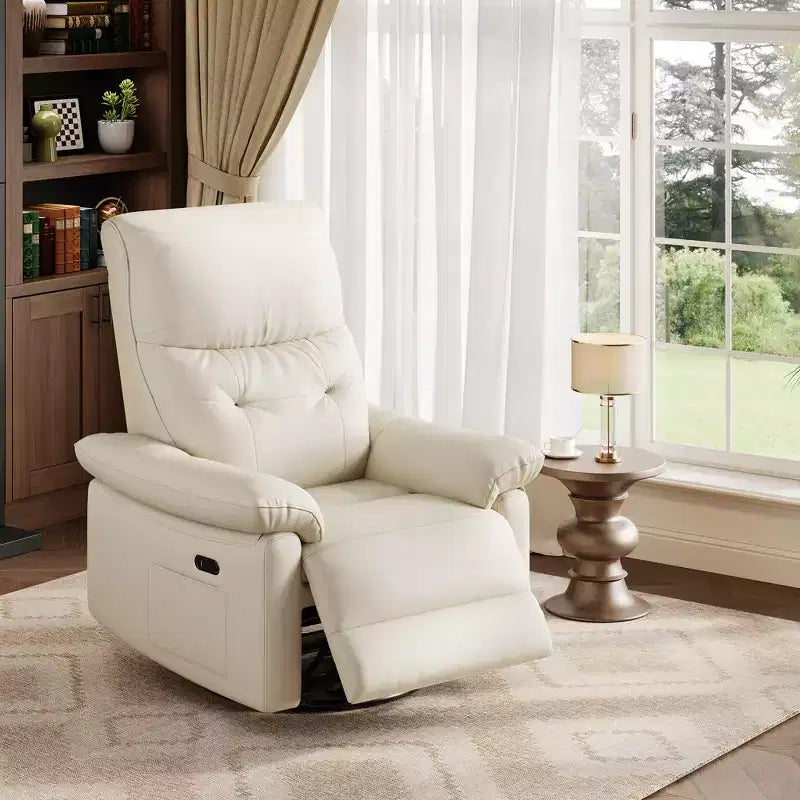 Poltrona reclinabile elettrica con funzioni girevole, planata e dondolo, in pelle PU, porte USB, colore beige