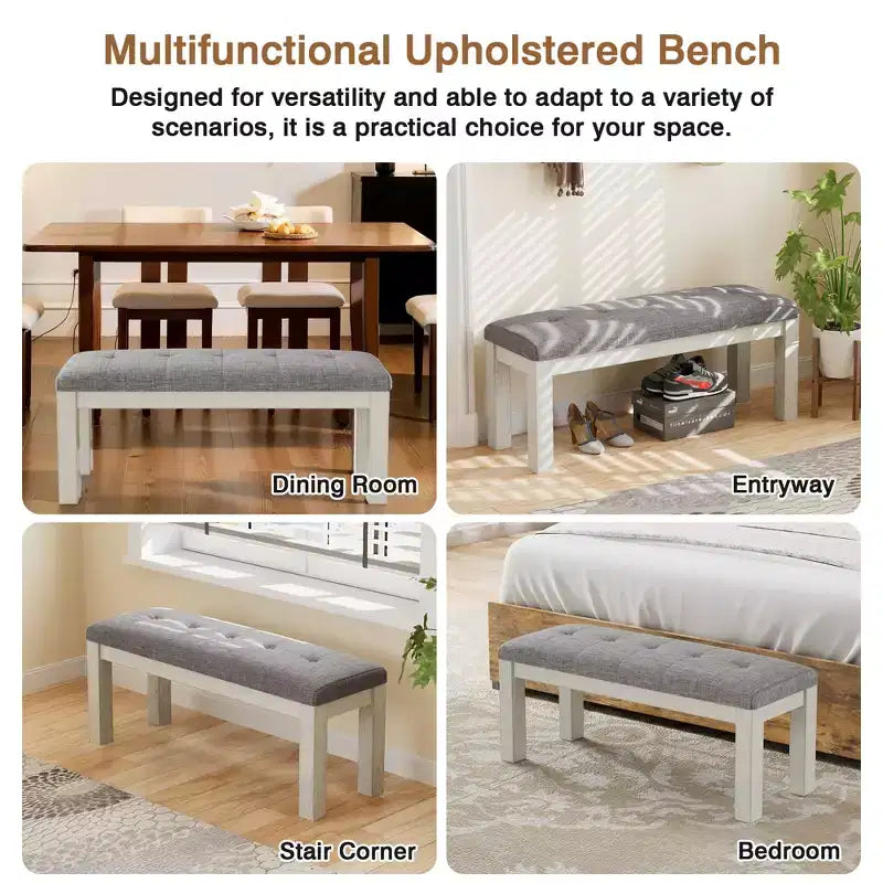 Banc de salle à manger VECELO en bois d'hévéa, Repose-pieds rembourré, Tabouret de chevet pour salle à manger ou cuisine, Gris