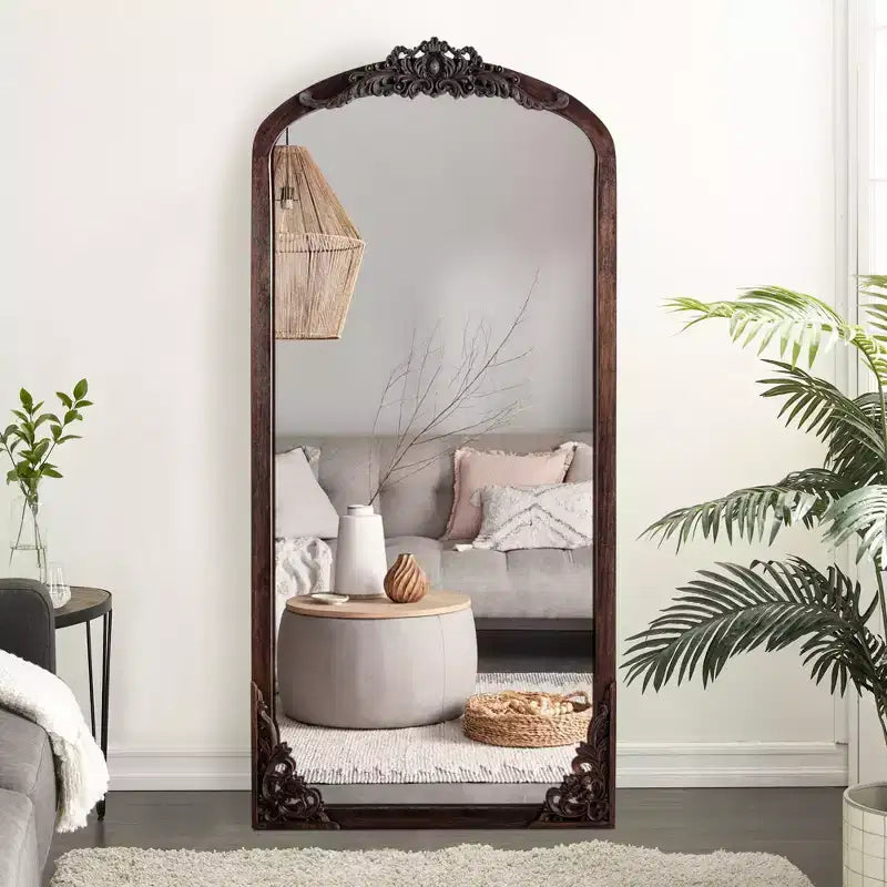 PexFix Miroir en bois massif arqué rustique avec cadre sculpté de 21 po l x 64 po H, en charbon de bois