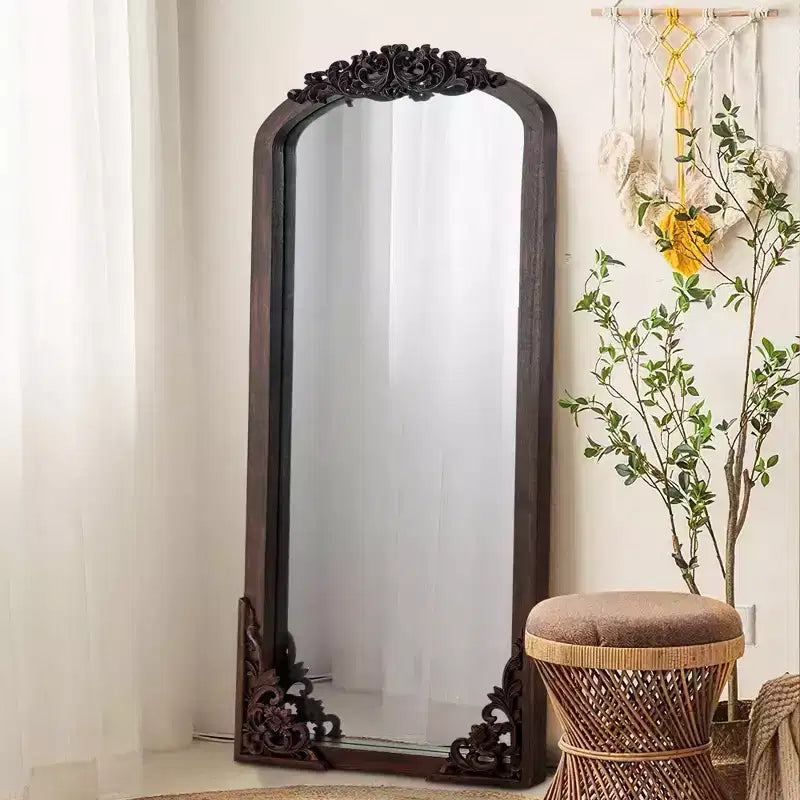 PexFix Miroir en bois massif arqué rustique avec cadre sculpté de 21 po l x 64 po H, en charbon de bois